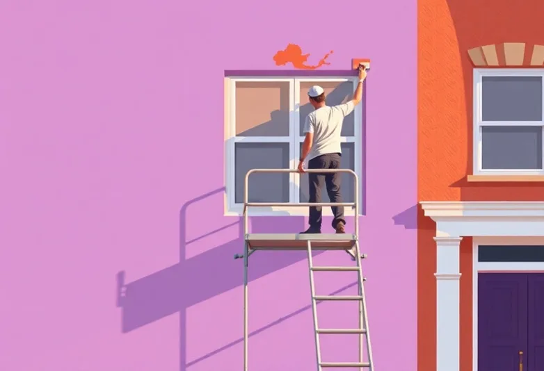 Peintre sur échafaudage traitant la façade d'une maison